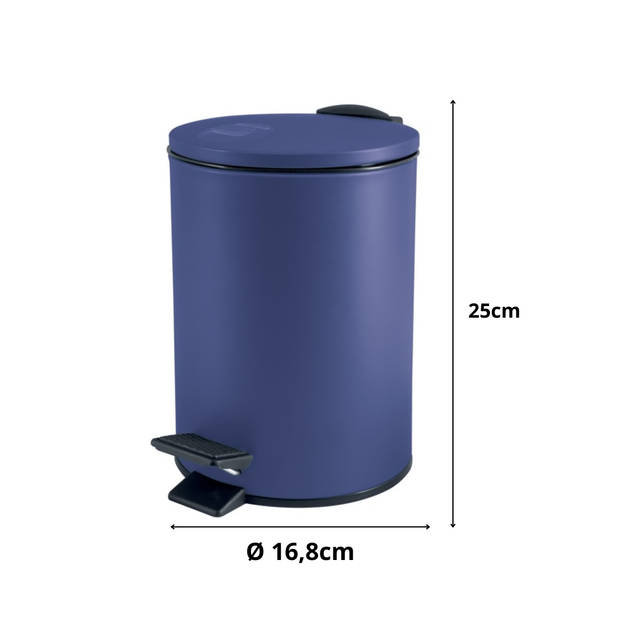 Spirella Pedaalemmer Cannes - blauw - 3 liter - metaal - L17 x H25 cm - soft-close - toilet/badkamer - Pedaalemmers