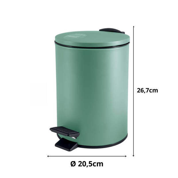 Spirella Pedaalemmer Cannes - groen - 5 liter - metaal - L20 x H27 cm - soft-close - toilet/badkamer - Pedaalemmers