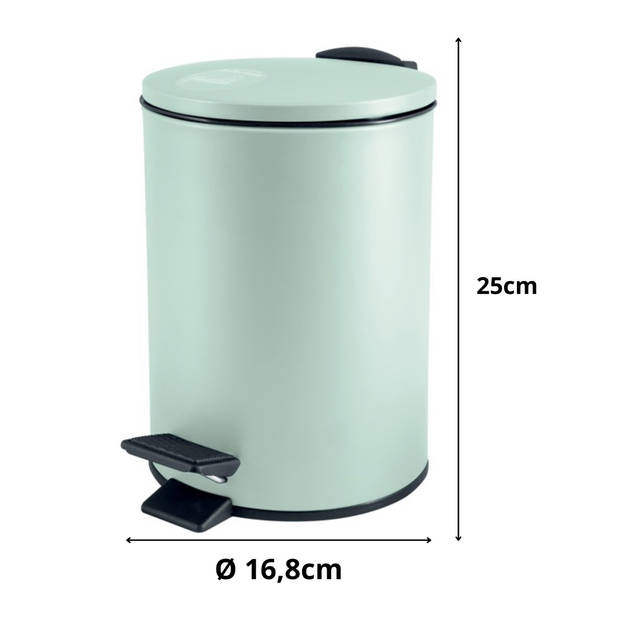 Spirella Pedaalemmer Cannes - mintgroen - 3 liter - metaal - L17 x H25 cm - soft-close - toilet/badkamer - Pedaalemmers