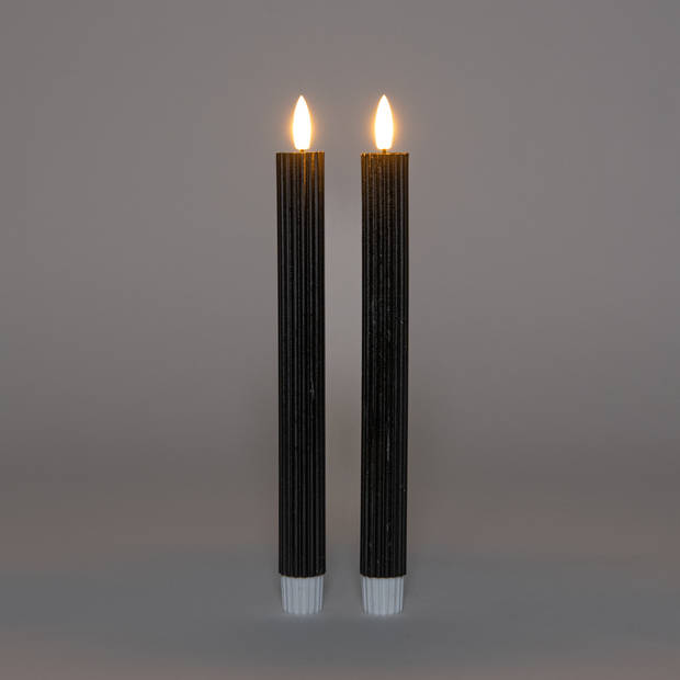 Anna's Collection Led dinerkaarsen - 2x st - zwart - ribbel - 23 cm - LED kaarsen