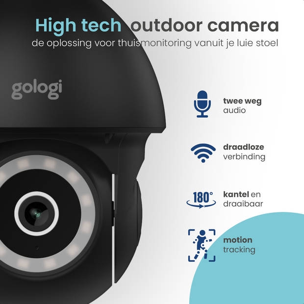Gologi Superior Outdoorcamera - Beveiligingscamera - Security camera - Muur/Dakbevestiging - 4MP - wifi en app - Zwart