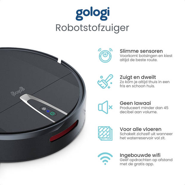 Gologi robotstofzuiger met dweilfunctie - Automatisch - Met Laadstation - Draadloze Robot Stofzuiger - 45DB - Zwart