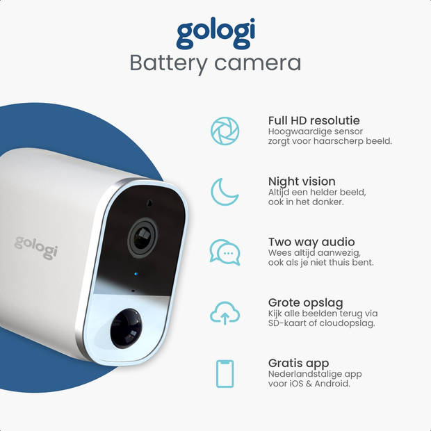 Gologi draadloze camera op accu - Beveiligingscamera - Nachtzicht - WiFi camera - Oplaadbaar - 32GB SD-kaart - Wit