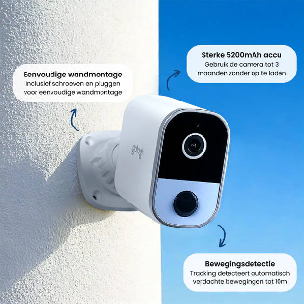 Gologi draadloze camera op accu - Beveiligingscamera - Nachtzicht - WiFi camera - Oplaadbaar - 32GB SD-kaart - Wit