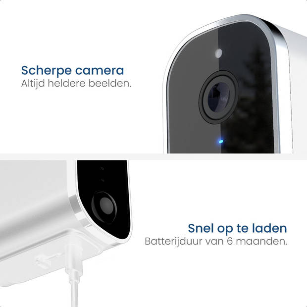 Gologi draadloze camera op accu - Beveiligingscamera - Nachtzicht - WiFi camera - Oplaadbaar - 32GB SD-kaart - Wit