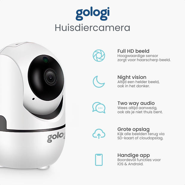Gologi huisdiercamera - Hondencamera -Beveiligingscamera - Security camera - Voor alle huisdieren - Met wifi