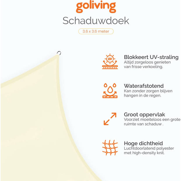 Goliving Schaduwdoek - Vierkant zonnezeil - Zonnedoek - Blokkeert UV-straling - 3.6 x 3.6 meter - Creme wit