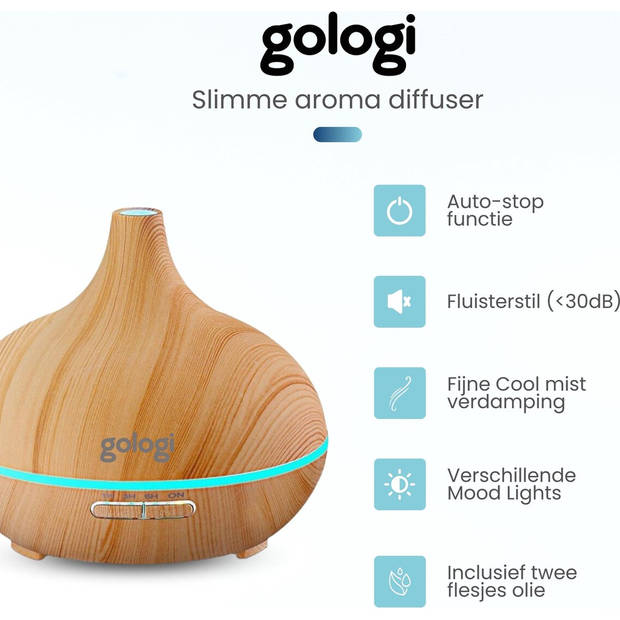 Gologi Slimme Aroma Diffuser - 550ML - Luchtbevochtiger - LED verlichting - Incl. 2 Etherische Oliën - Lichtbruin