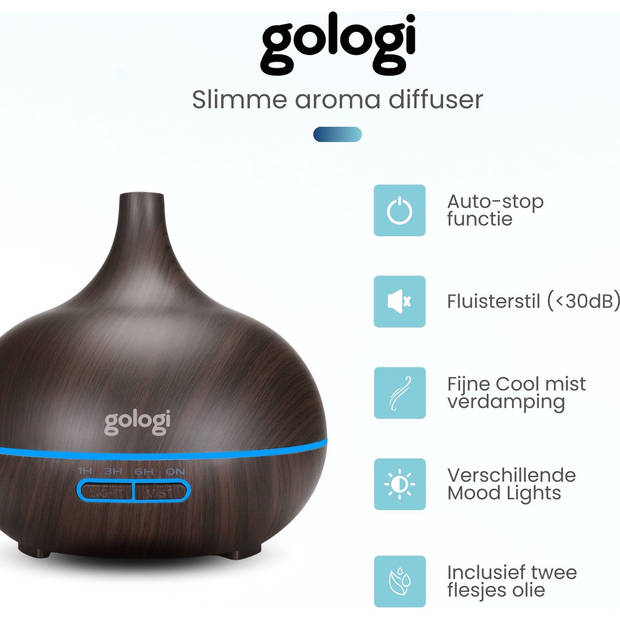 Gologi Slimme Aroma Diffuser - 550ML - Luchtbevochtiger - LED verlichting - Incl. 2 Etherische Oliën - Donkerbruin