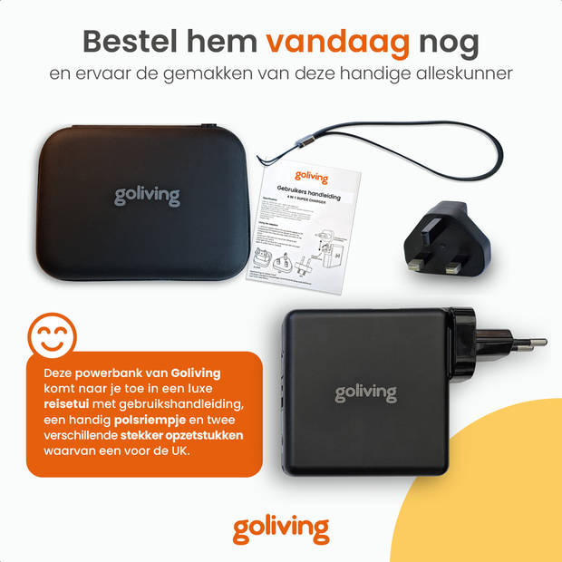 Goliving 4 in 1 Powerbank Stekker - 10000 mAh - 22.5W - PD+QC USB C & USB A - Battery Display - iPhone/Samsung - Zwart