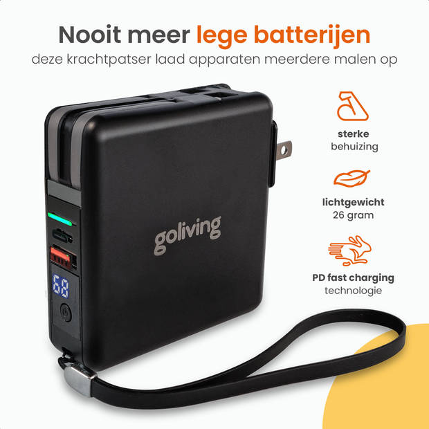 Goliving 4 in 1 Powerbank Stekker - 10000 mAh - 22.5W - PD+QC USB C & USB A - Battery Display - iPhone/Samsung - Zwart