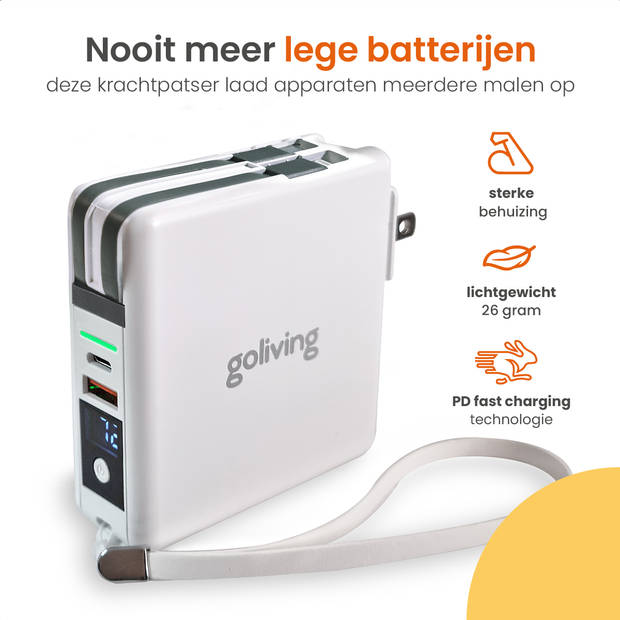 Goliving 4 in 1 Powerbank Stekker - 10000 mAh - 22.5W - PD+QC USB C & USB A - Battery Display - iPhone & Samsung - Wit