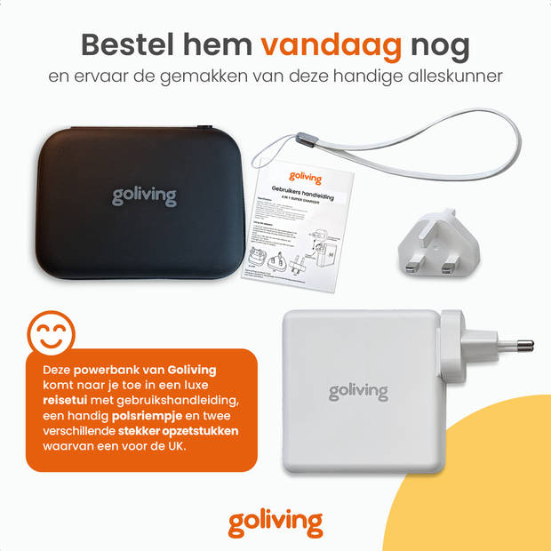 Goliving 4 in 1 Powerbank Stekker - 10000 mAh - 22.5W - PD+QC USB C & USB A - Battery Display - iPhone & Samsung - Wit