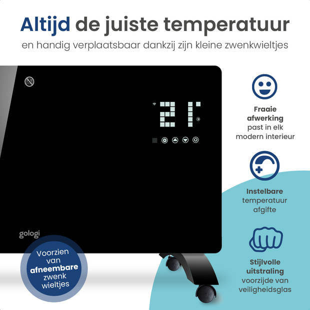 Gologi Elektrische Kachel - Verwarming - Convectorkachel thermostaat - App/touch bediening - 25m2 - 2000W - Zwart