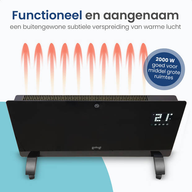 Gologi Elektrische Kachel - Verwarming - Convectorkachel thermostaat - App/touch bediening - 25m2 - 2000W - Zwart