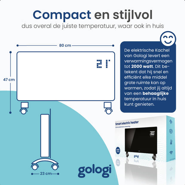 Gologi Elektrische Kachel - Verwarming - Convectorkachel thermostaat - App/touch bediening - 25m2 - 2000W - Zwart