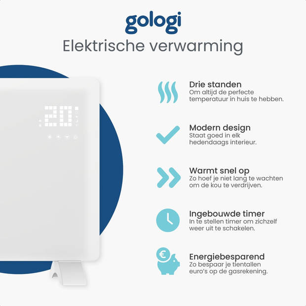 Gologi Elektrische Kachel - Verwarming - Convectorkachel thermostaat - App/touch bediening - Tot 25m2 - 2000W