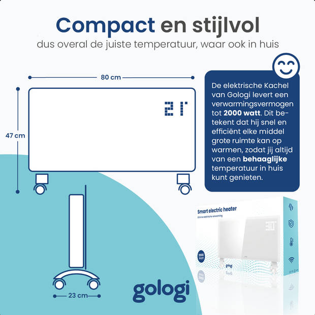 Gologi Elektrische Kachel - Verwarming - Convectorkachel thermostaat - App/touch bediening - Tot 25m2 - 2000W