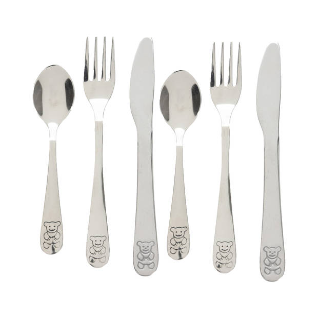 Cutlery for Kids bestekset met beer - 6-delig - zilver - RVS - voor kinderen - Besteksets