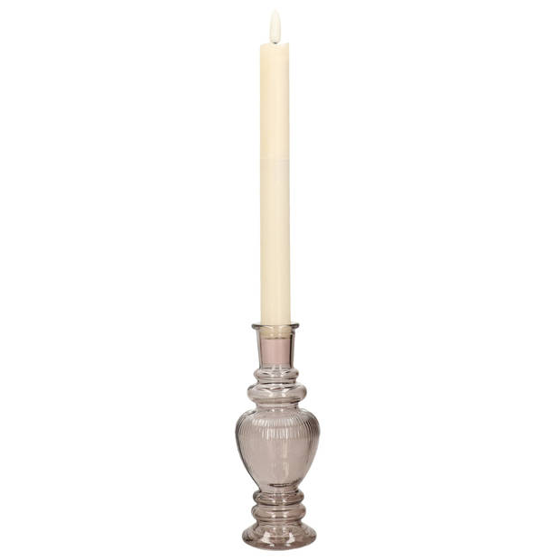 Kaarsen kandelaar Venice - 2x - gekleurd glas - ribbel grijs smoke - D5,7 x H15 cm - kaars kandelaars