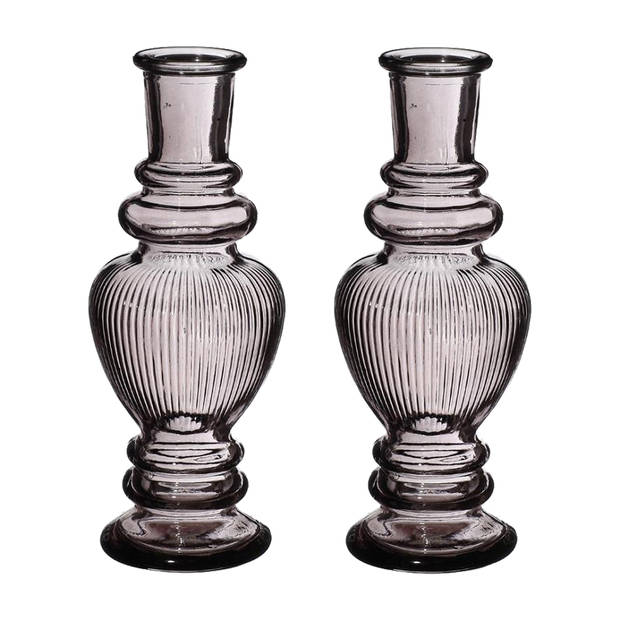 Kaarsen kandelaar Venice - 2x - gekleurd glas - ribbel grijs smoke - D5,7 x H15 cm - kaars kandelaars