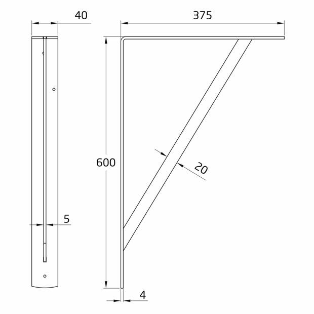 AMIG Plankdrager/planksteun van metaal - gelakt wit - H600 x B375 mm - Tot 150 kg - Plankdragers