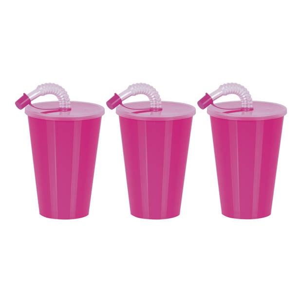 Juypal Drinkbeker met deksel en rietje - 6x - roze - kunststof - 450 ml - 12 x 9 cm - Drinkbekers