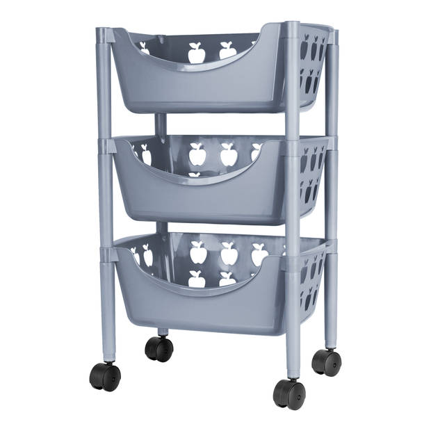 Juypal Keukentrolley met appelmotief - 3-laags - grijs - kunststof - 45 x 29,5 x 70,5 cm - Opberg trolley