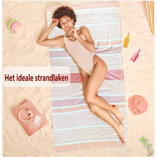 Arowell strandlaken - Trendy strandhanddoek - 2 lagen bescherming tegen zandhitte - 170 x 90 cm - Beige-burgundy