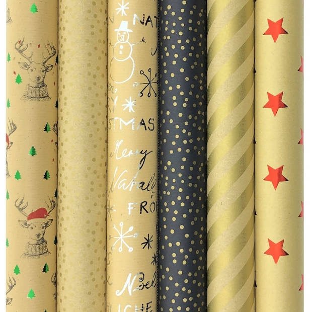 Christmas kraft cadeaupapier - Kerstpapier inpakpapier voor Kerst - 3 meter x 70 cm - 6 rollen