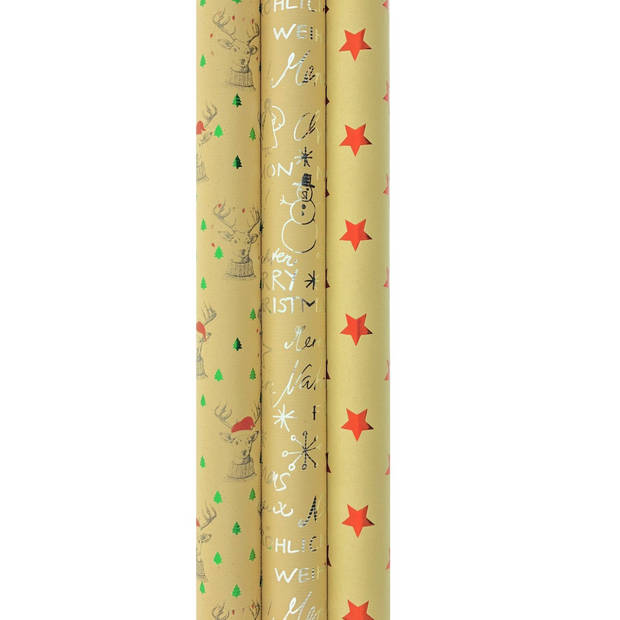 Christmas kraft cadeaupapier - Kerstpapier inpakpapier voor Kerst - 3 meter x 70 cm - 3 rollen