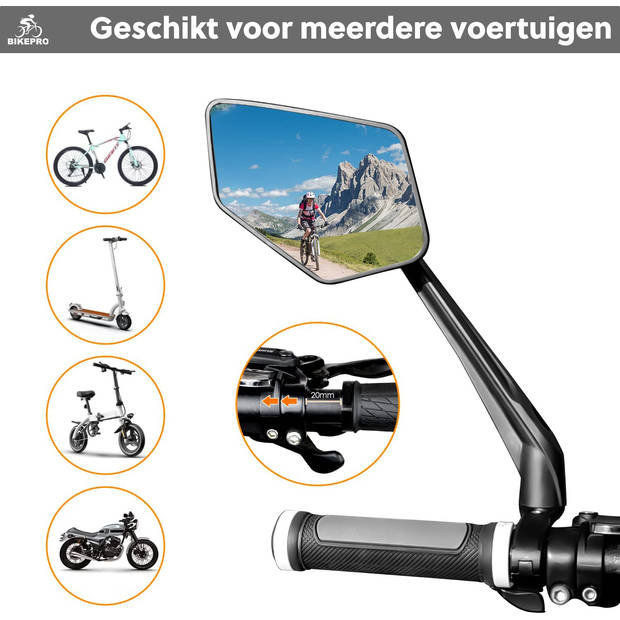 BikePro Verstelbare Fietsspiegel set incl. Reflectoren - Links & Rechts - Geschikt voor E bike, fiets, motor, step