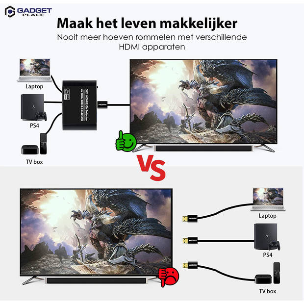 Gadgetplace HDMI Switch Pro met Afstandsbediening - 3 in 1 uit - HDMI Splitter - 4K ultra HD @ 60Hz - 1080P HD