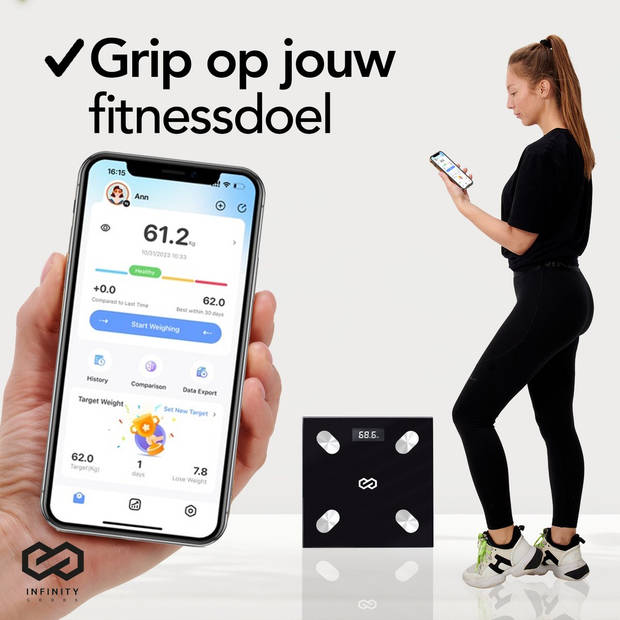 Infinity Goods Digitale Personenweegschaal met App - Smart Scale - Slimme Weegschaal Met Lichaamsanalyse - Zwart