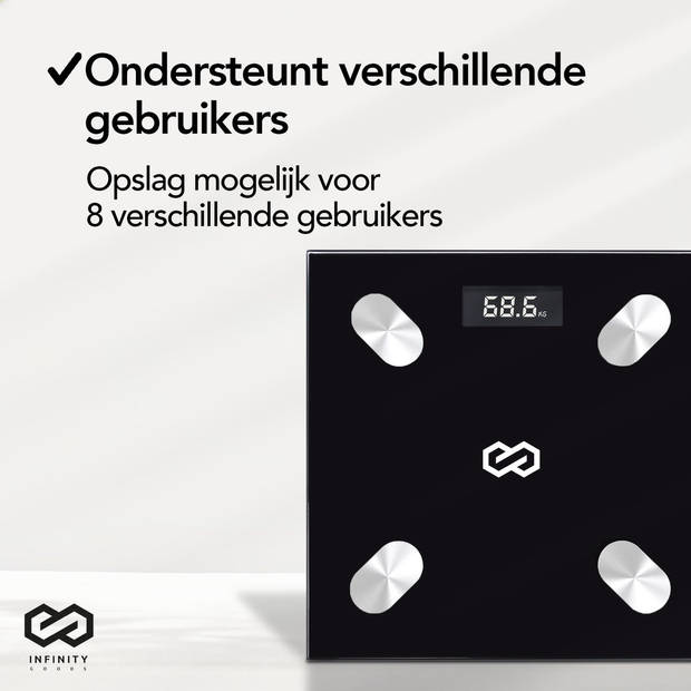 Infinity Goods Digitale Personenweegschaal met App - Smart Scale - Slimme Weegschaal Met Lichaamsanalyse - Zwart