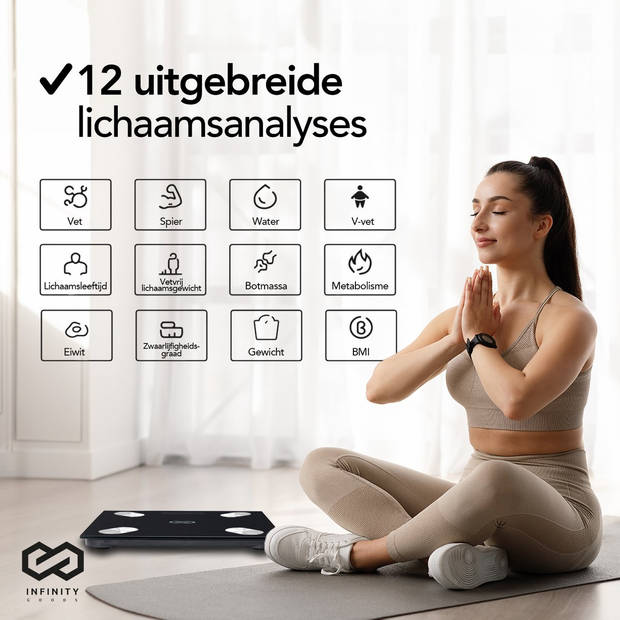 Infinity Goods Digitale Personenweegschaal met App - Smart Scale - Slimme Weegschaal Met Lichaamsanalyse - Zwart