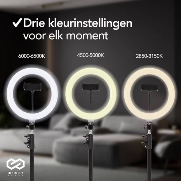 Infinity Goods Ring Light Met Statief - LED - 3 Kleuren - Verstelbaar Statief Tot 186m - Inclusief Stekker - Selfie