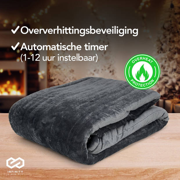 Infinity Goods Elektrische Deken - Warmtedeken - 2-Persoons - 180 x 160 cm - Met Timer - Bovendeken - Fleece - Antraciet