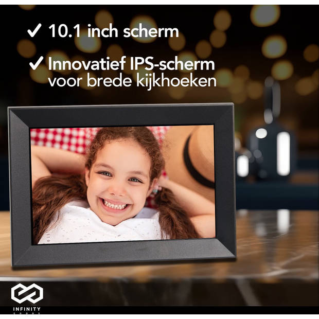 Infinity Goods Digitale Fotolijst Met WiFi En Frameo App - Digitale Fotokader - 10,1 Inch - HD IPS Scherm - Zwart