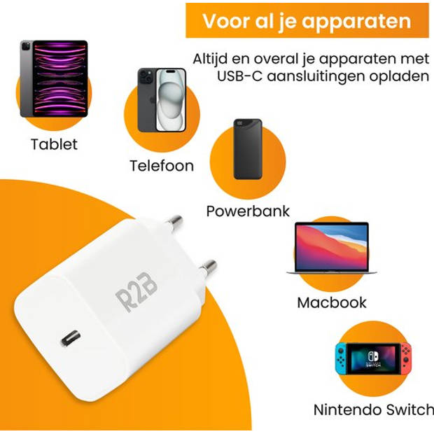 R2B® USB C Adapter - Oplader iPhone geschikt voor Apple/Samsung - USB Adapter - USB Stekker- Wit