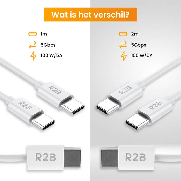 R2B® USB-C naar USB-C Kabel - 2 Meter - Extra stevig - USB-C oplader