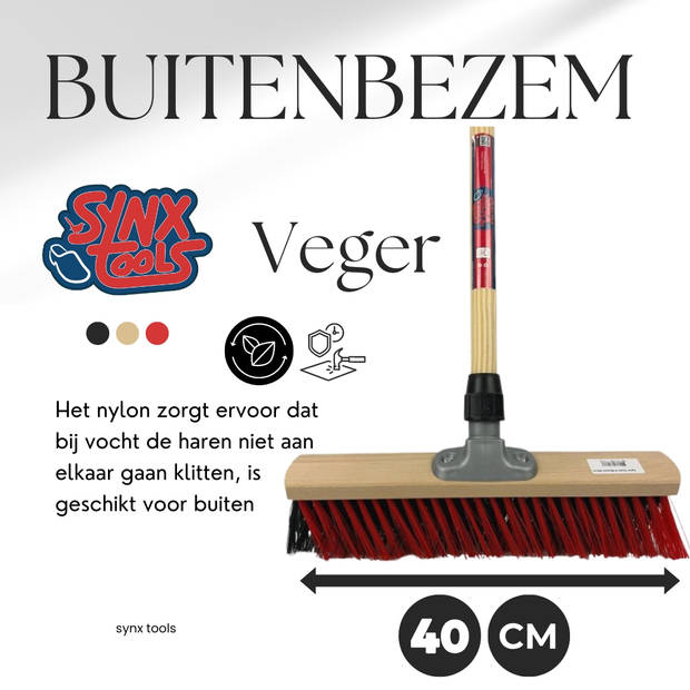 Synx Tools X Bezem 40cm Rood/Zwart- Straatbezem / Stadsbezem - Veger - Bezem - Buitenbezem - Met 150cm steel