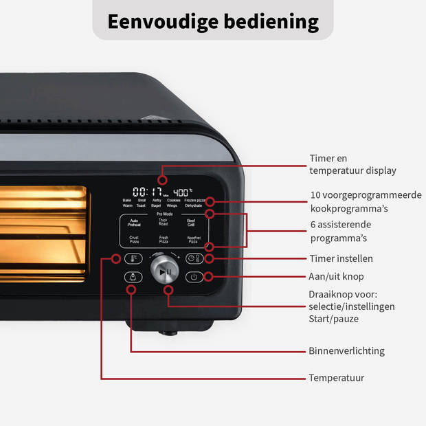 TurboTronic PO12 Elektrische Pizza Oven – Slimme Pizzaoven tot 400 °C – Zwart