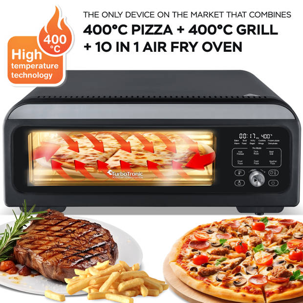 TurboTronic PO12 Elektrische Pizza Oven – Slimme Pizzaoven tot 400 °C – Zwart