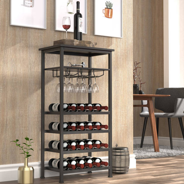 Wijnrek industrieel design wijnkast zwart - rek voor opbergen 20 flessen met glashouder