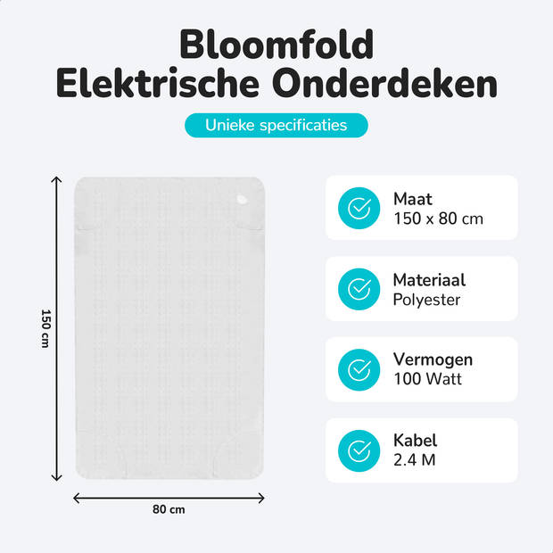 Bloomfold Elektrische Onderdeken - 150 x 80 cm - Wasmachinebestendig 