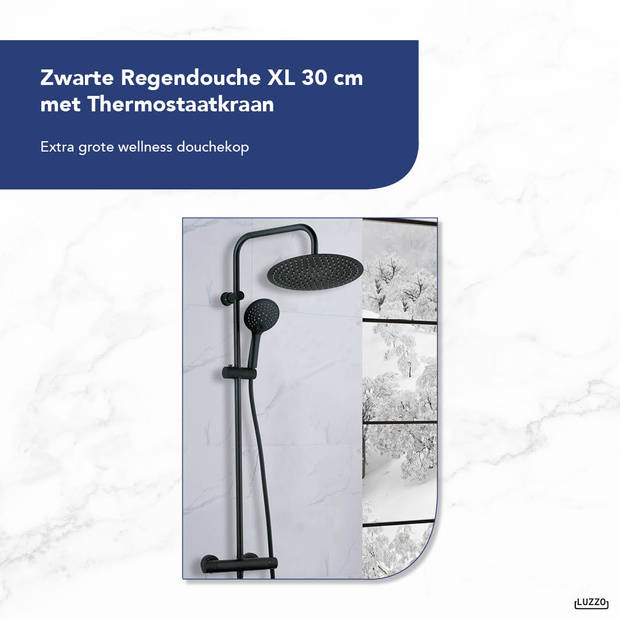 Luzzo® Zwarte Regendouche XL 30 cm met Thermostaatkraan - 30 cm Zwart
