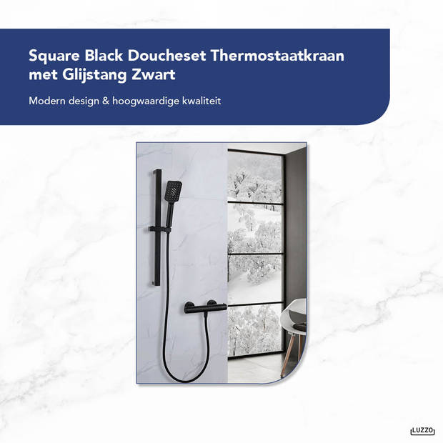Luzzo® Square Black Doucheset Thermostaatkraan met Glijstang - Zwart