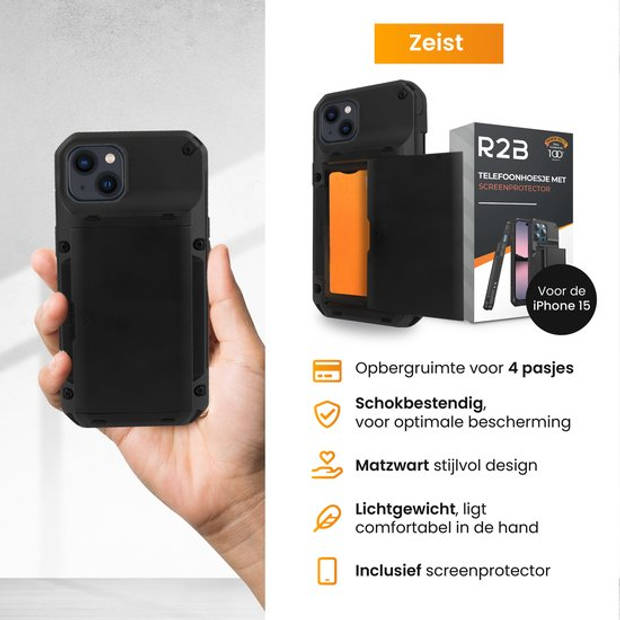 R2B® Hoesje met pasjeshouder geschikt voor iPhone 15 - 4 pasjes - Inclusief screenprotector - Model Zeist