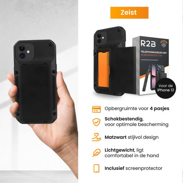 R2B® Hoesje met pasjeshouder geschikt voor iPhone 12 + 12 Pro - 4 pasjes - Inclusief screenprotector - Model Zeist